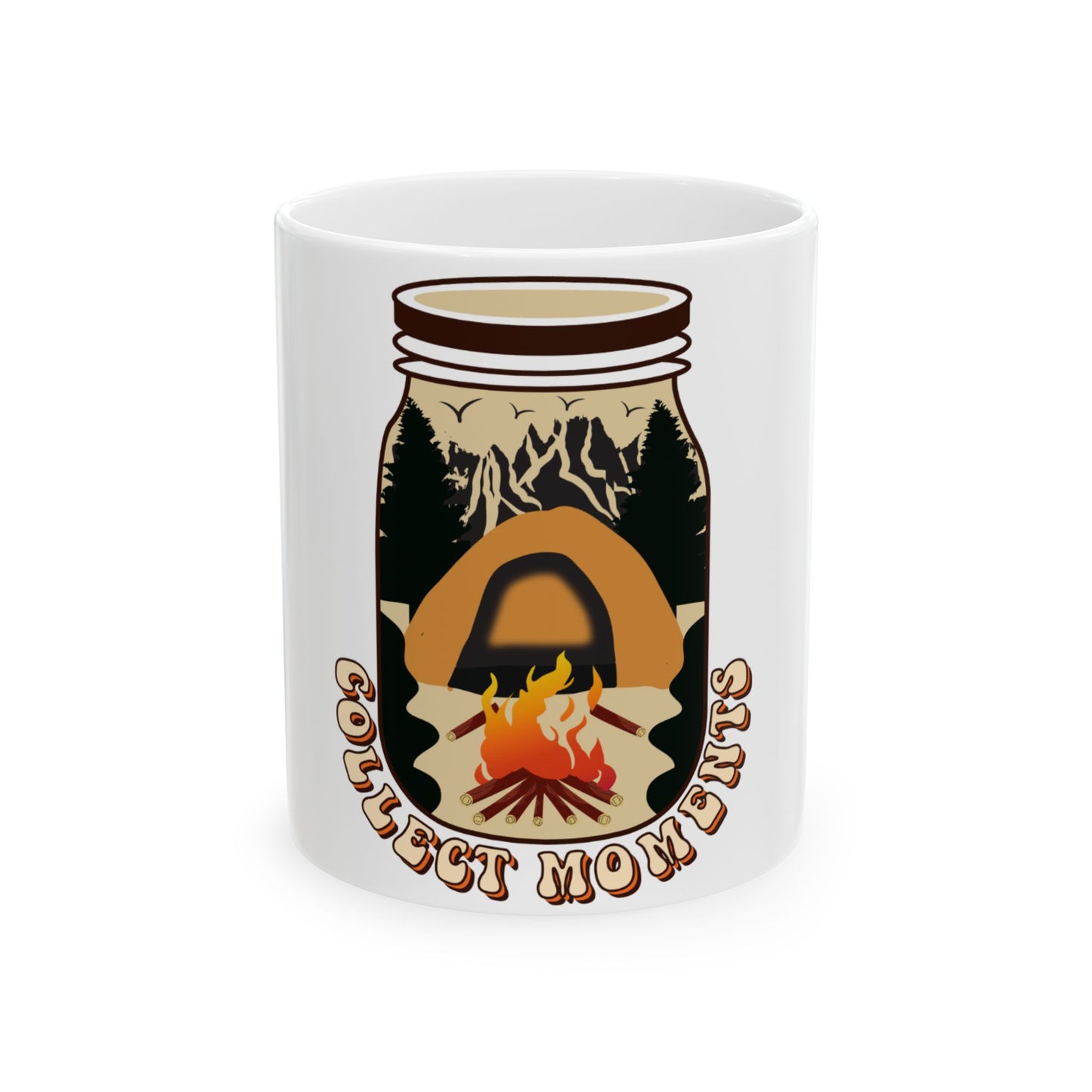 Jar with tent, campfire, mountains, and text "Collect Moments."