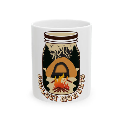Jar with tent, campfire, mountains, and text "Collect Moments."