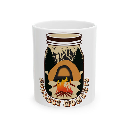 Jar with tent, campfire, mountains, and text "Collect Moments."