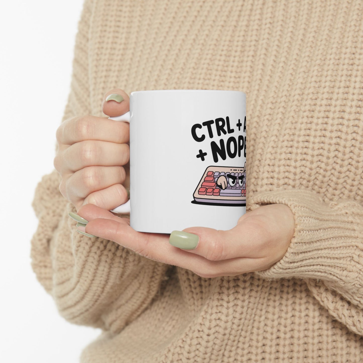 White mug with keyboard keys and "CTRL+ NOPE" text.