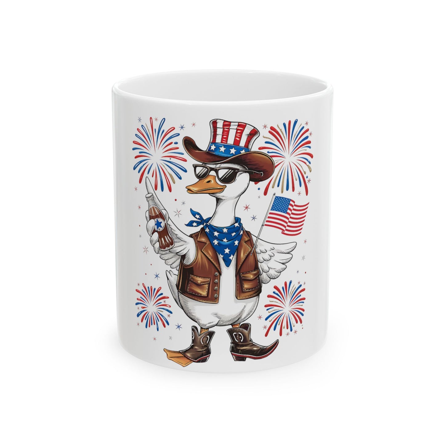 Patriotic duck in cowboy hat and boots holding a soda and American flag.