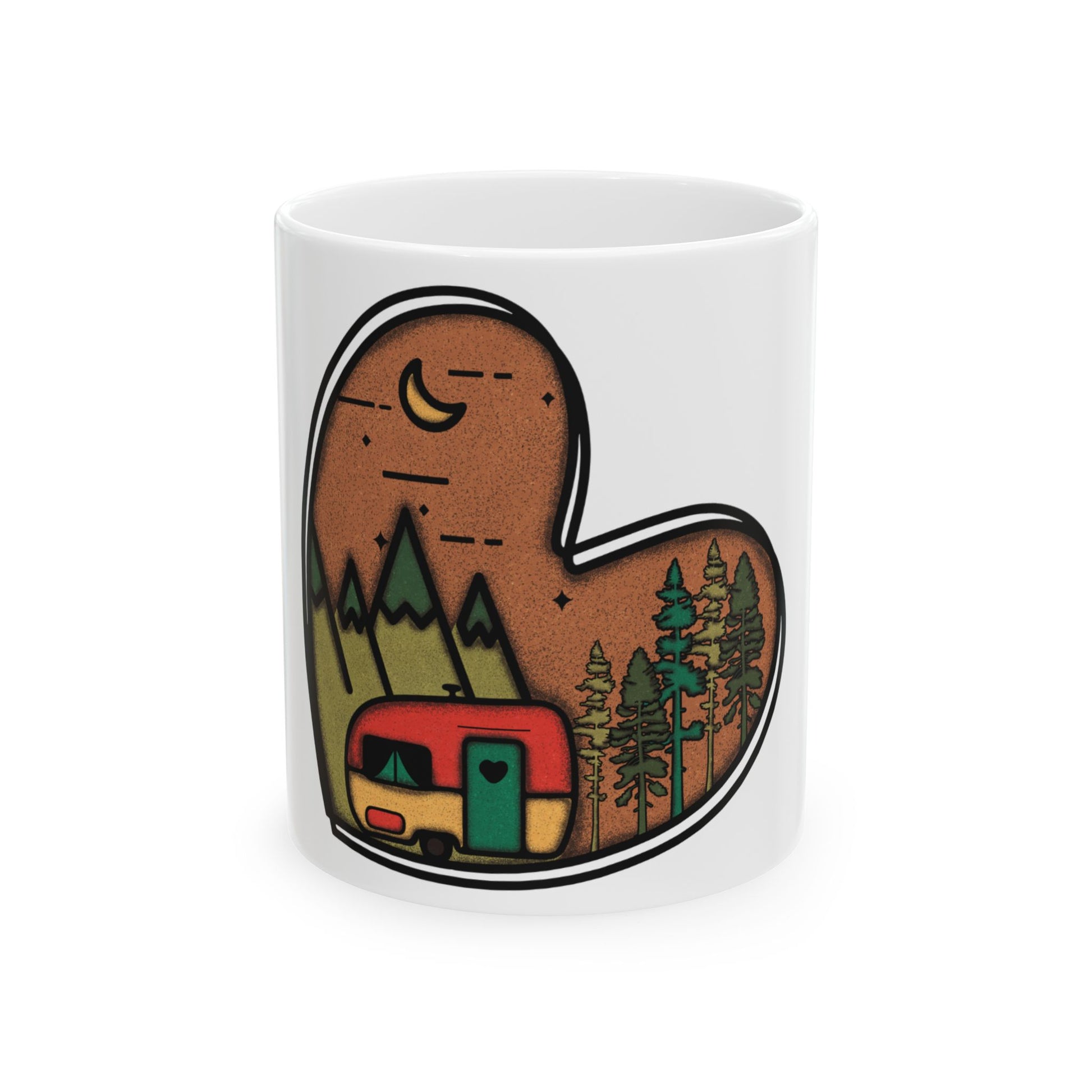 Heart-shaped graphic with a camper, mountains, trees, and a moon.