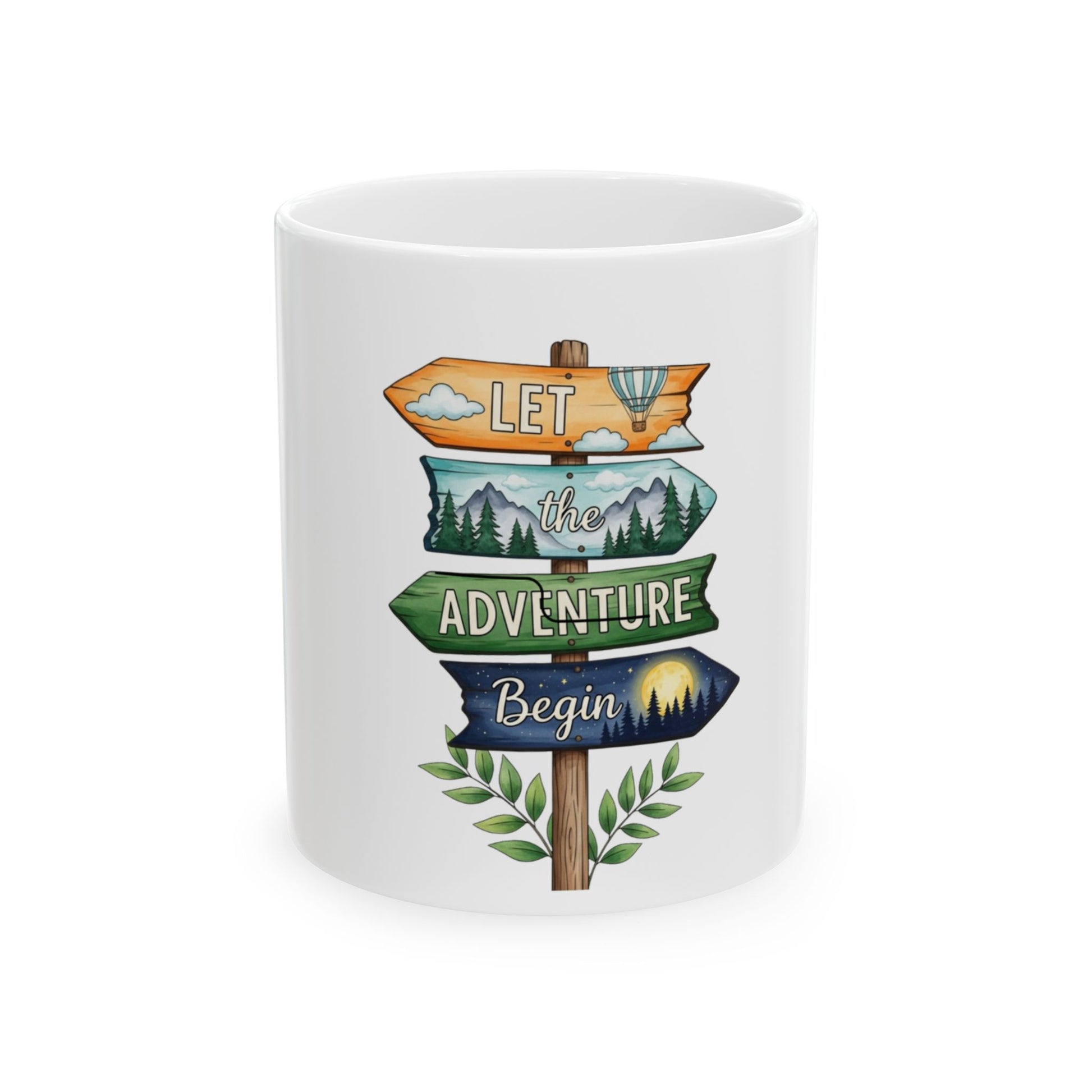Directional signs with "Let the Adventure Begin" and nature illustrations on a white mug.