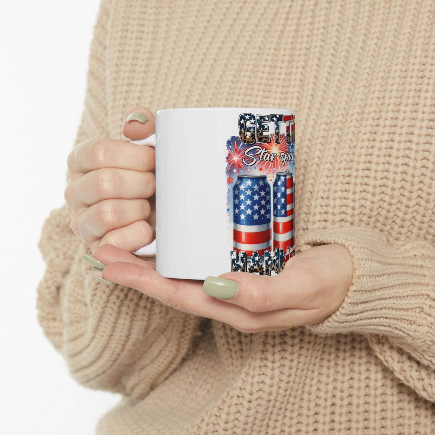 White mug with "GET SPARKLY" and American flag design.