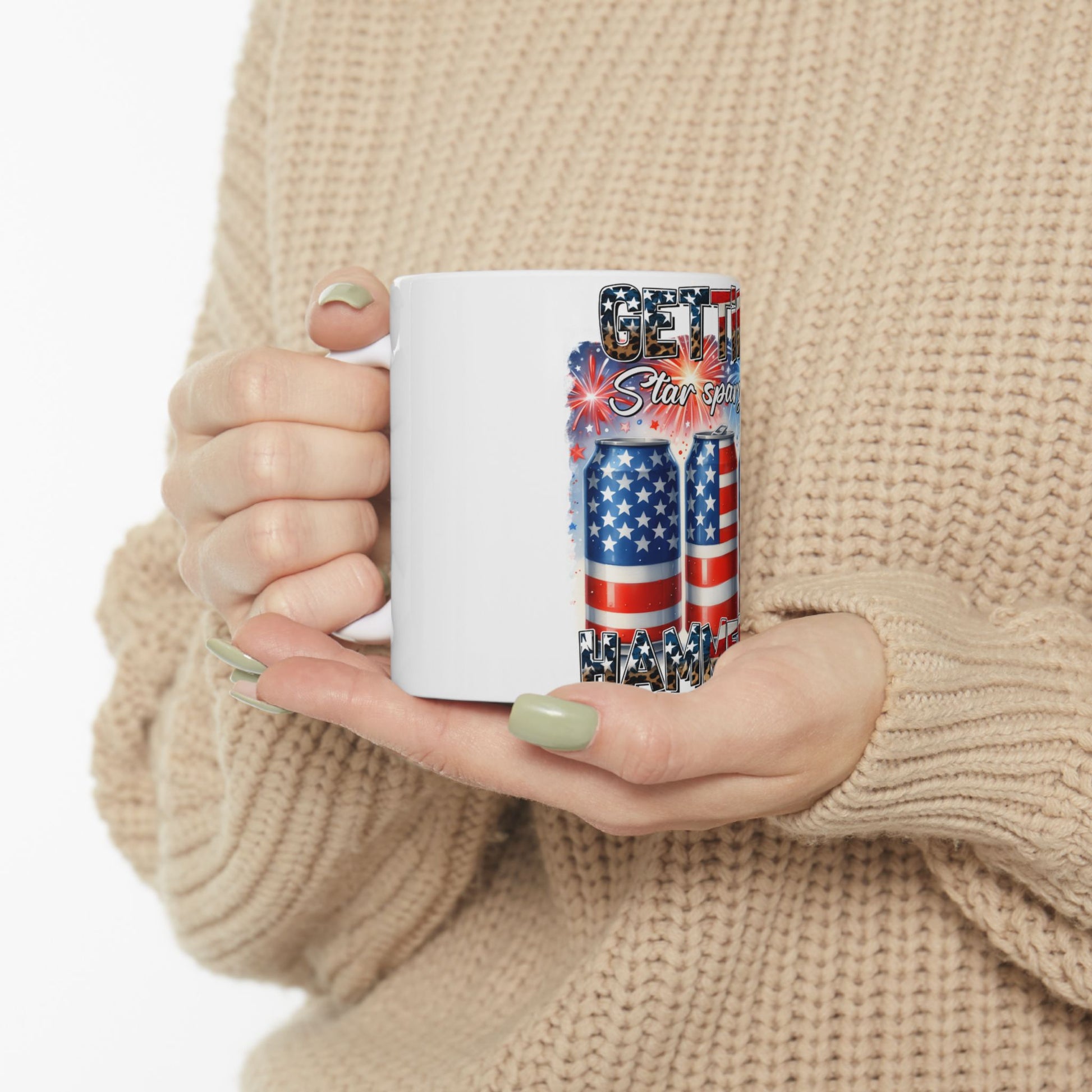 White mug with "GET SPARKLY" and American flag design.