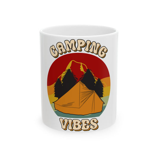 Mug with "Camping Vibes" text and a tent with mountains and sunset graphic.