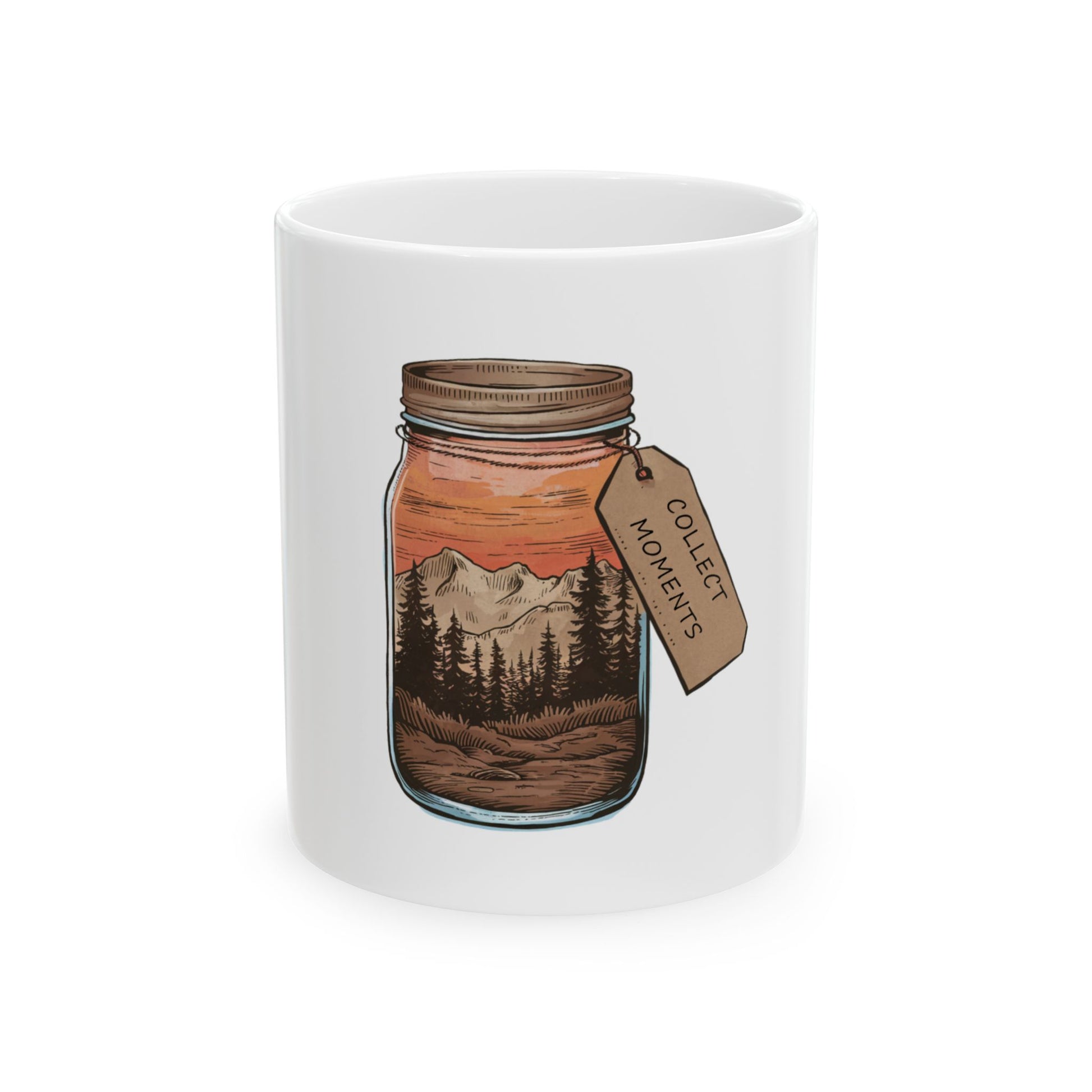 White mug with a jar illustration containing a mountain landscape and the words "COLLECT MOMENTS".