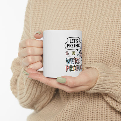 White mug with "Let's Pretend We're Productive" text and cartoon pig.