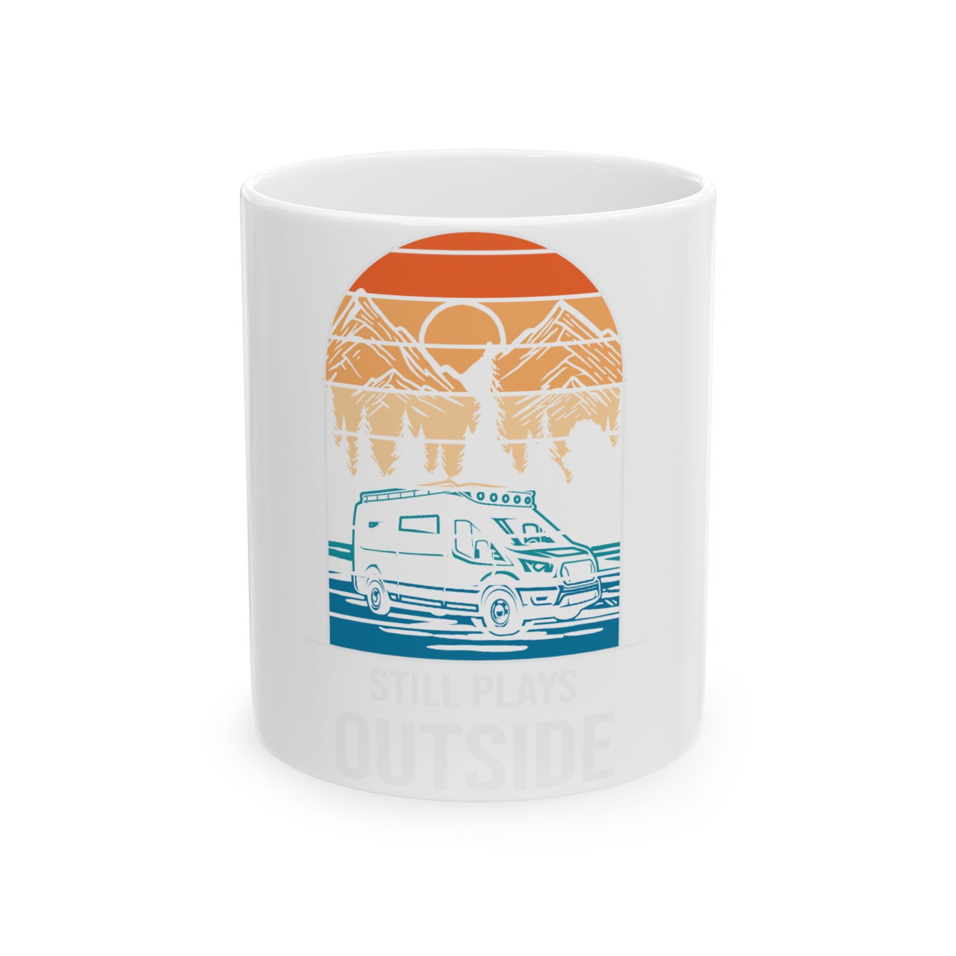 White mug with sunset mountain van scene and "STILL PLAYS OUTSIDE" text.
