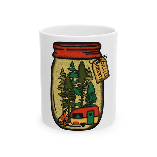 Mason jar with trees, camper, and campfire, "Collect Moments" tag.