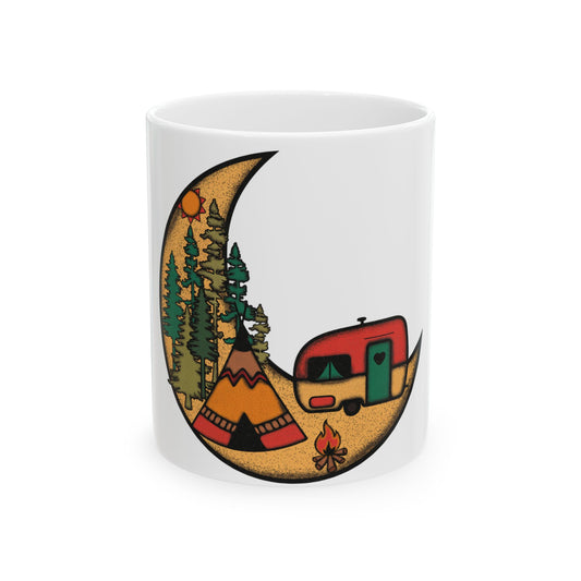 Crescent moon with camping scene, tent, camper, campfire, and pine trees.