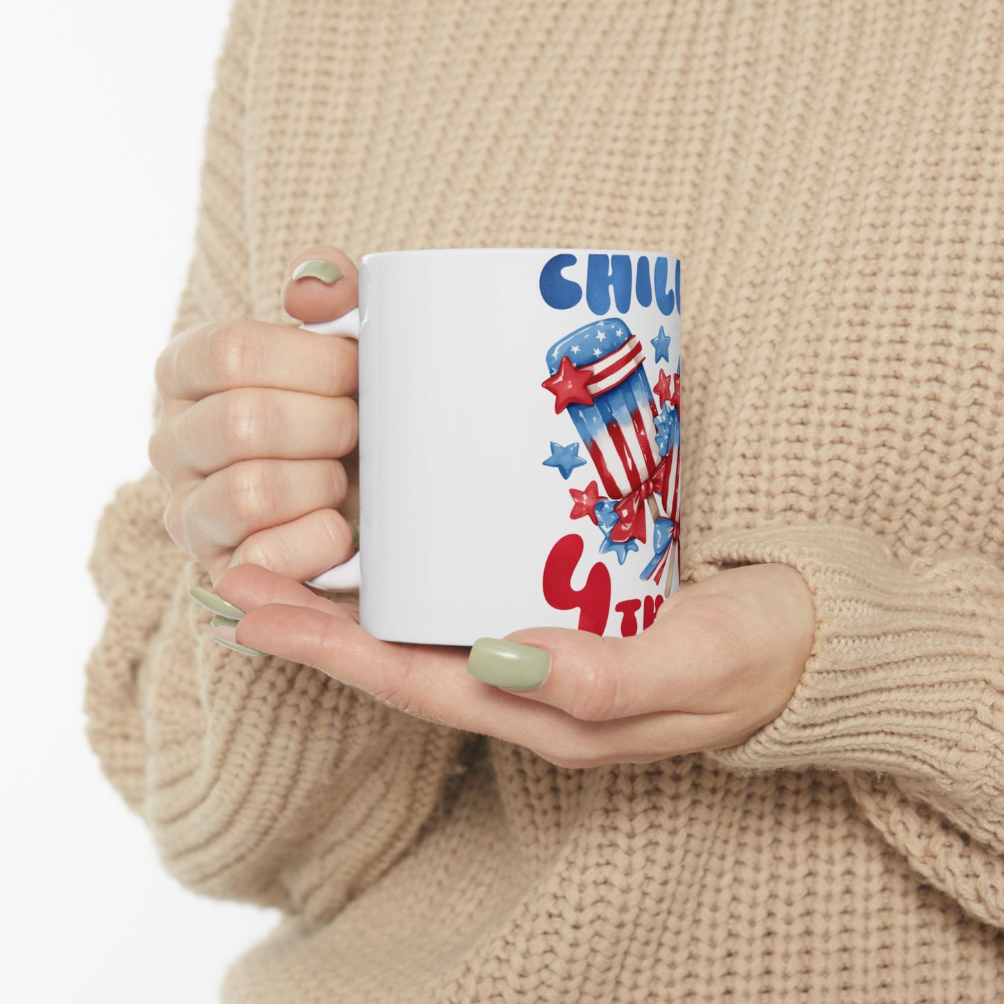 White mug with "Chill" text and patriotic Fourth of July fireworks design.