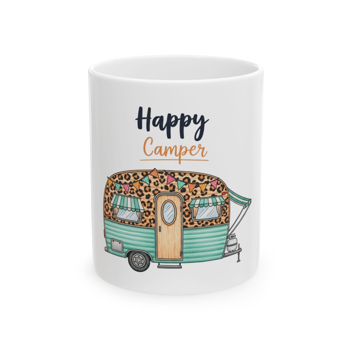White mug with a teal camper and "Happy Camper" text.