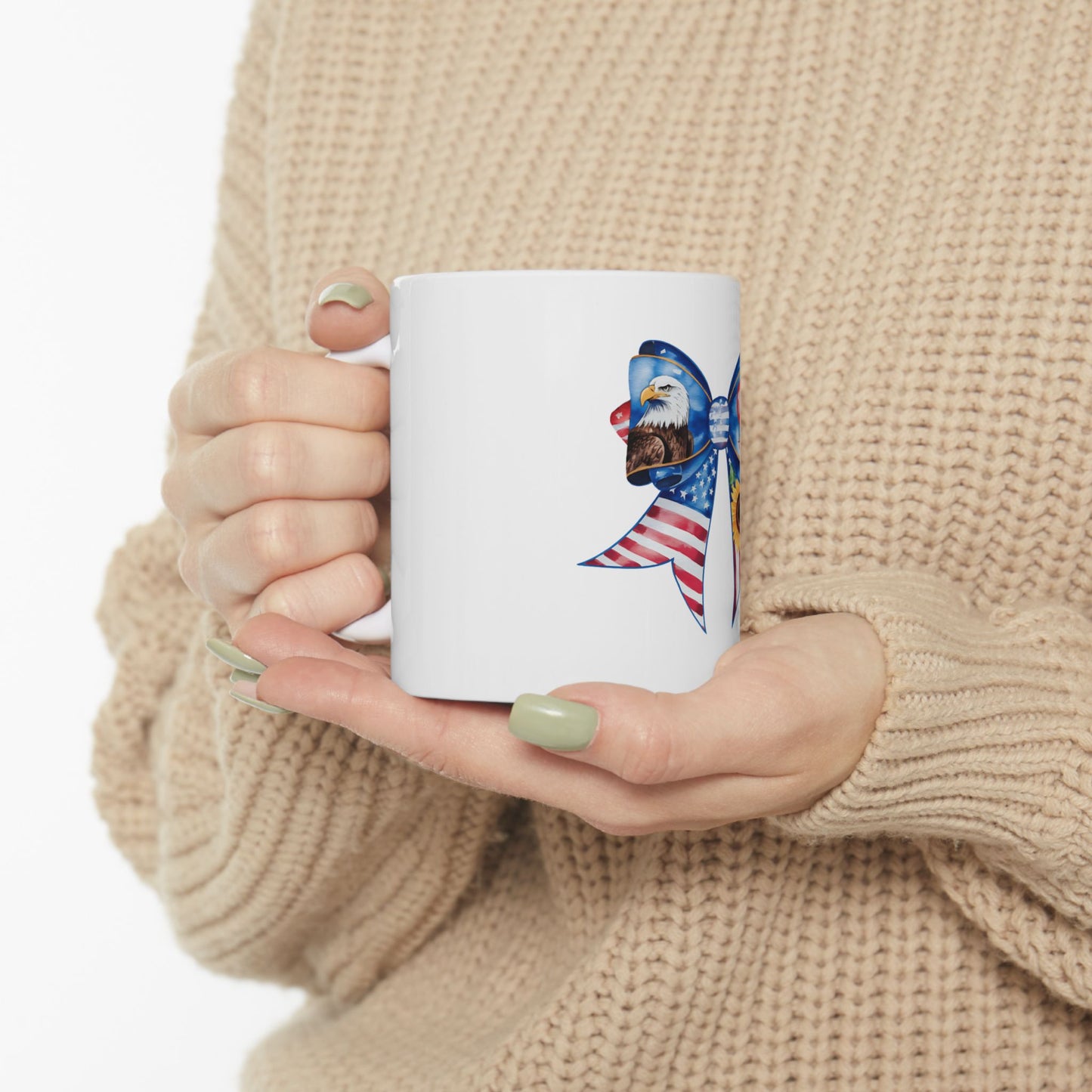 White mug with patriotic bow design featuring eagle and American flag.