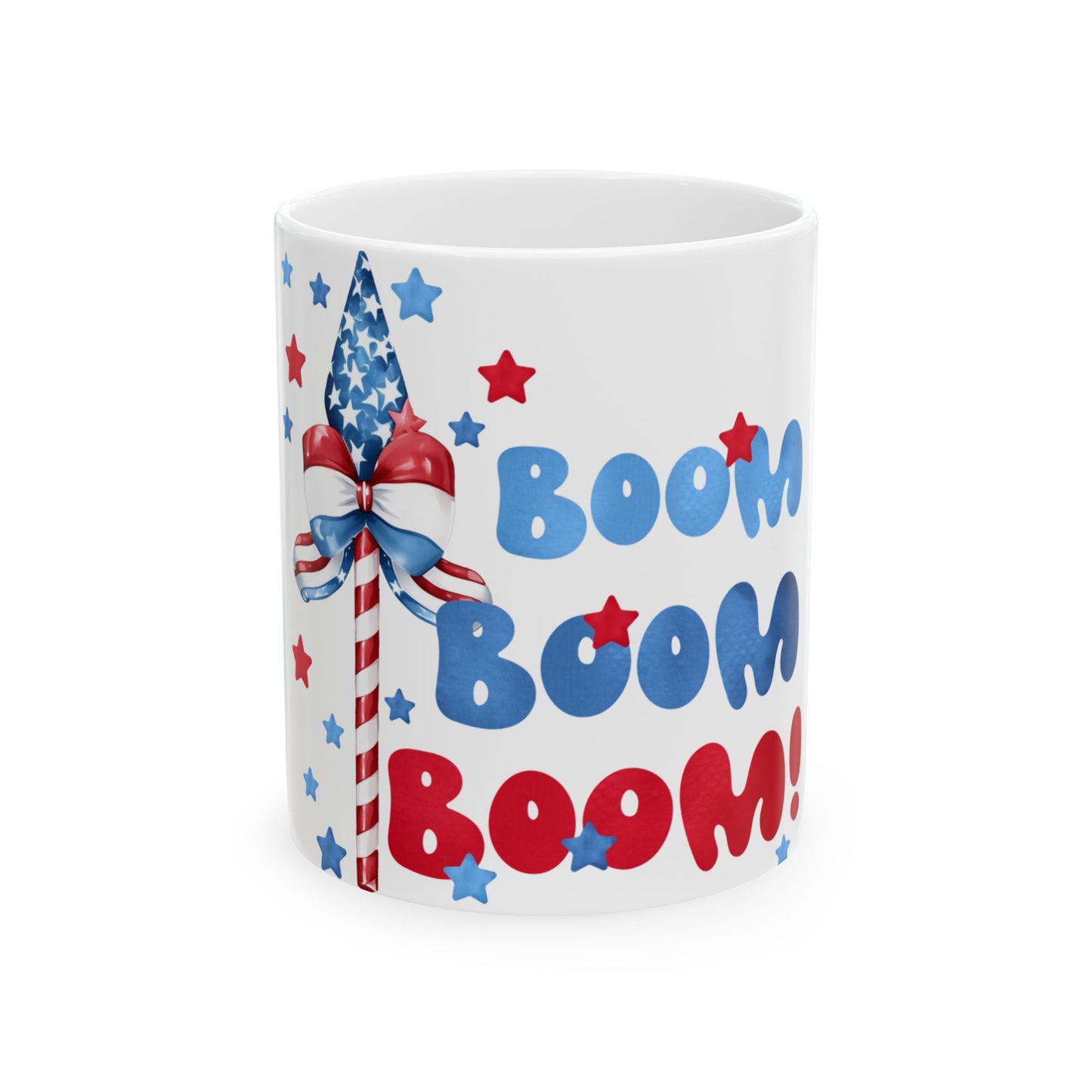 White mug with "Boom Boom Boom" text and patriotic USA flag design.