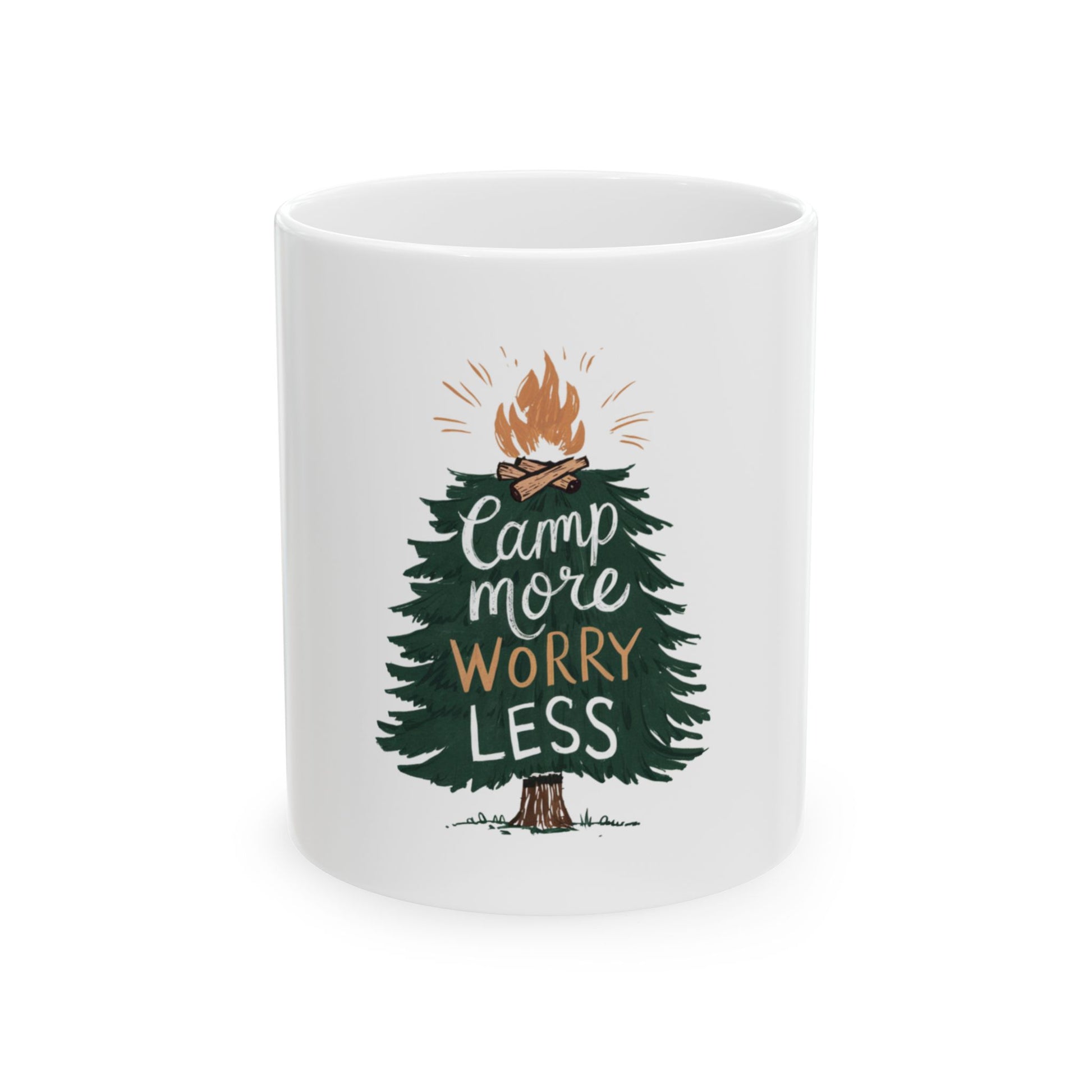 White mug with green Christmas tree design and "Camp more worry less" text.