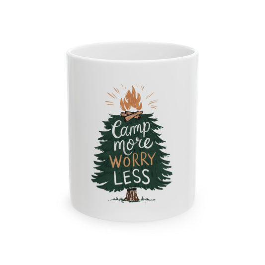 White mug with green Christmas tree design and "Camp more worry less" text.