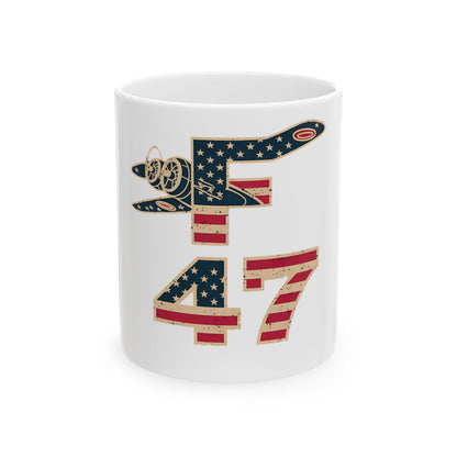 White mug with American flag design on "F-47" aircraft graphic.