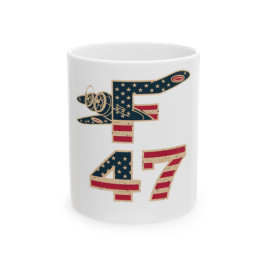 White mug with American flag design on "F-47" aircraft graphic.
