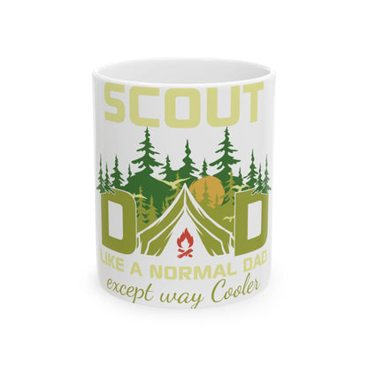 Scout Dad mug with tent and trees design.