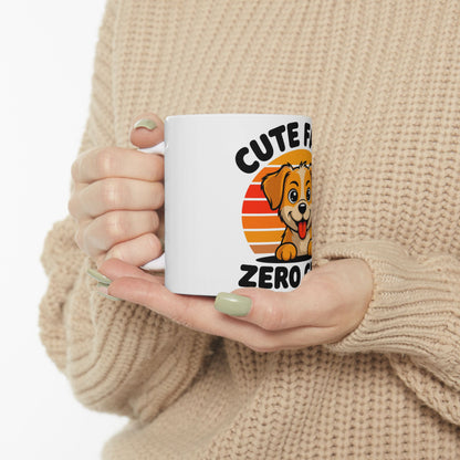 White mug with smiling dog and "CUTER THAN ZERO" text.