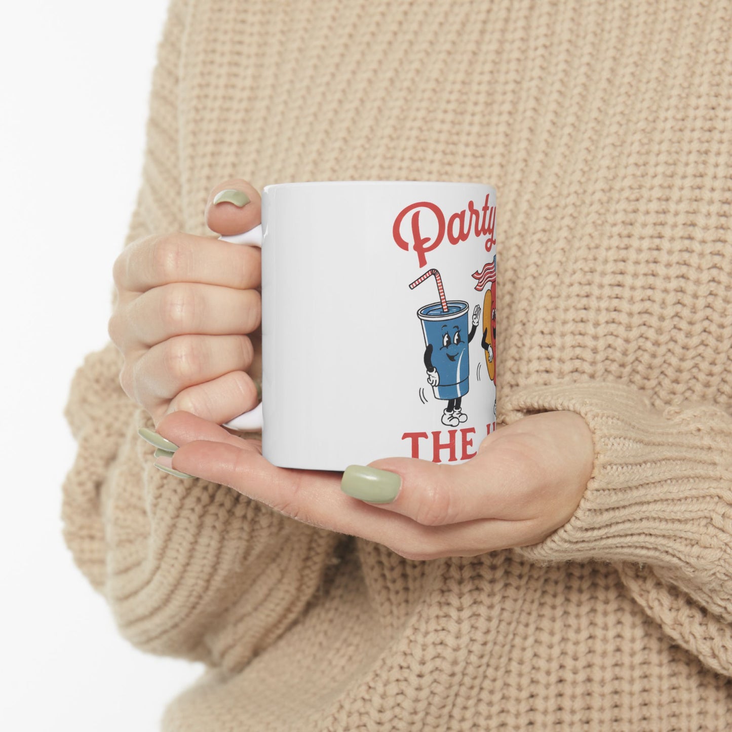 White mug with cartoon soda and hot dog characters saying "Party Time."