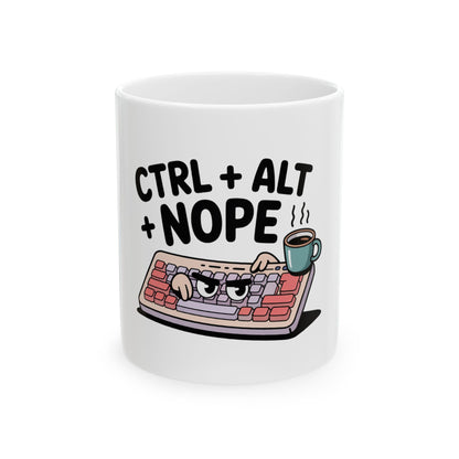 Keyboard with "CTRL + ALT + NOPE" text and steaming coffee mug.