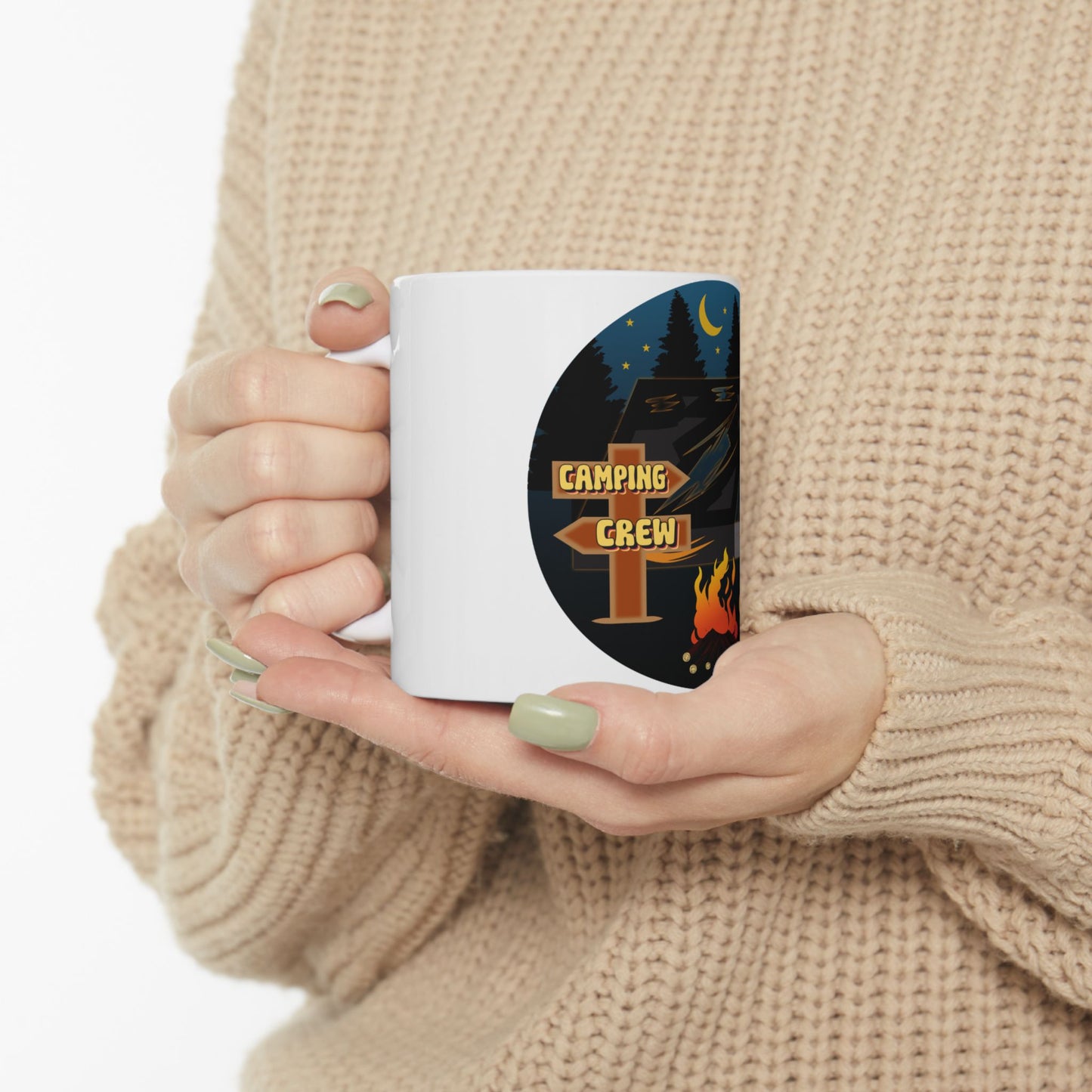 White mug with "Camping Crew" directional sign and campfire graphic.