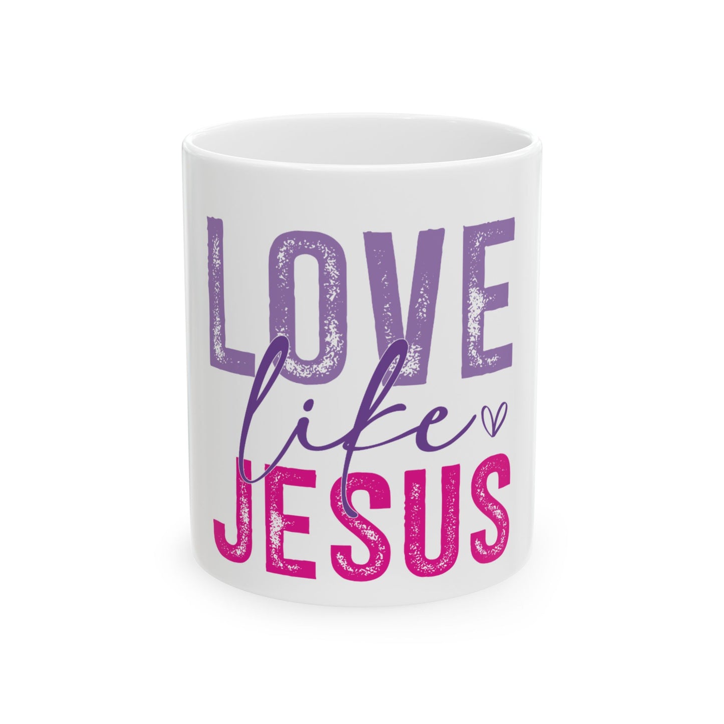 White mug with "LOVE life JESUS" in purple and pink text.