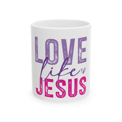 White mug with "LOVE life JESUS" in purple and pink text.