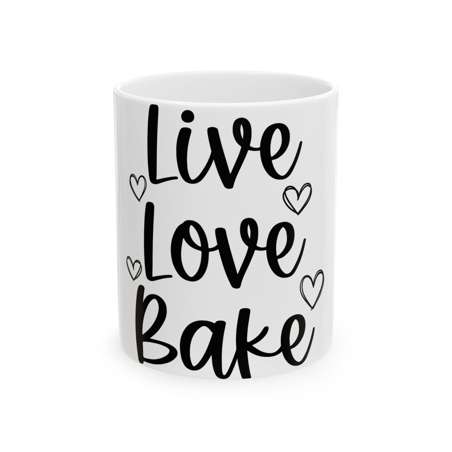White mug with "Live Love Bake" in black script and small hearts.