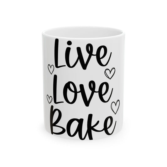 White mug with "Live Love Bake" in black script and small hearts.