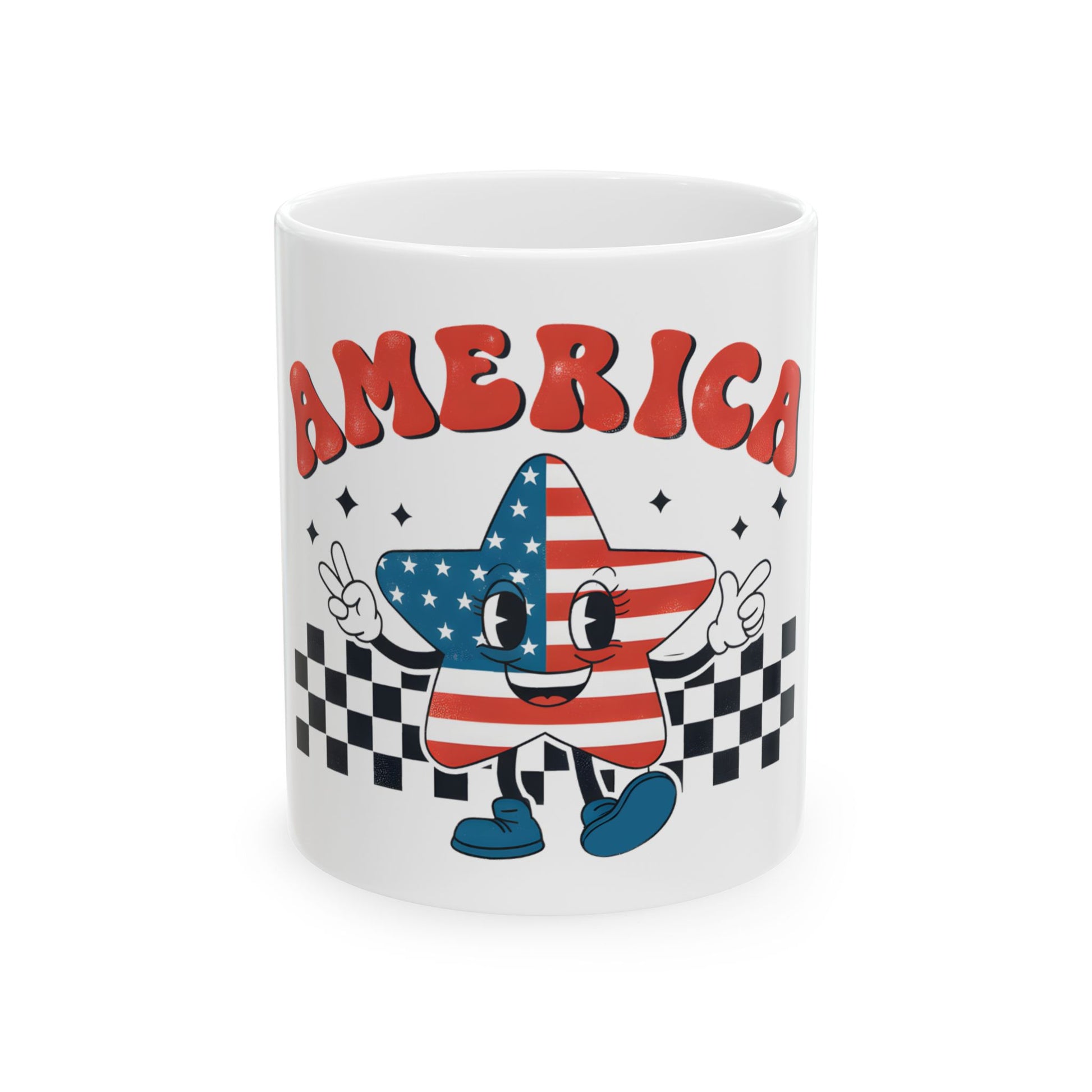 Mug with a cartoon star wearing the American flag, holding peace signs.