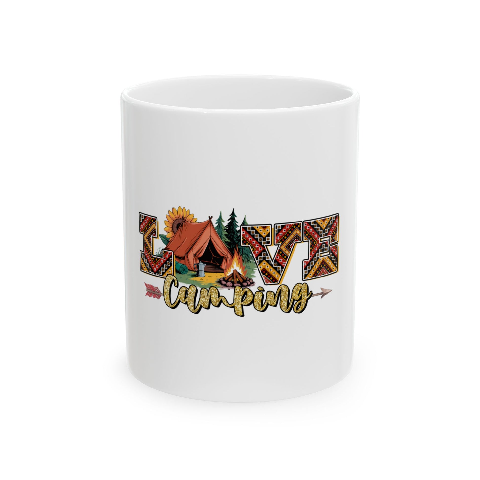 White mug with "LOVE Camping" design featuring a tent and sunflower.