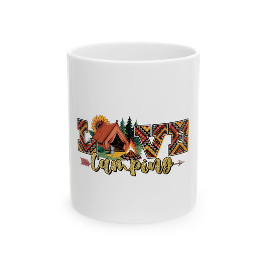 White mug with "LOVE Camping" design featuring a tent and sunflower.