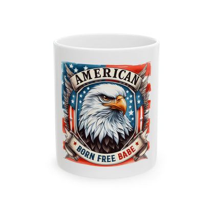 White mug with American eagle emblem and text "American Born Free Babe".