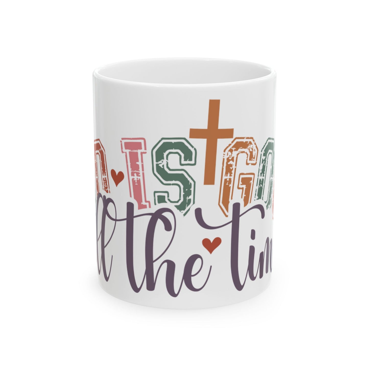 Mug with text "Listen to the tiny hearts" and a cross.