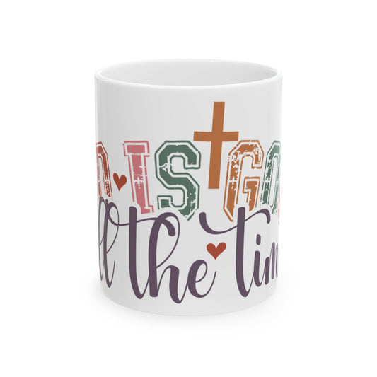 Mug with text "Listen to the tiny hearts" and a cross.