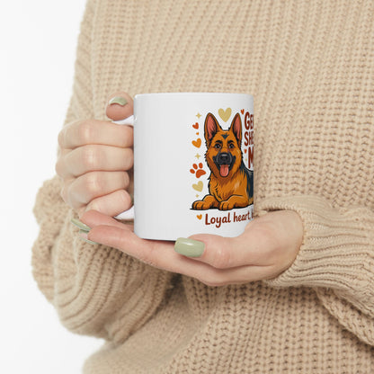 White mug with German Shepherd graphic and "Loyal heart" text.