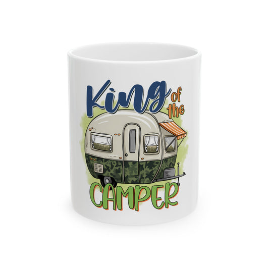 Camper illustration with "King of the Camper" text on a white mug.