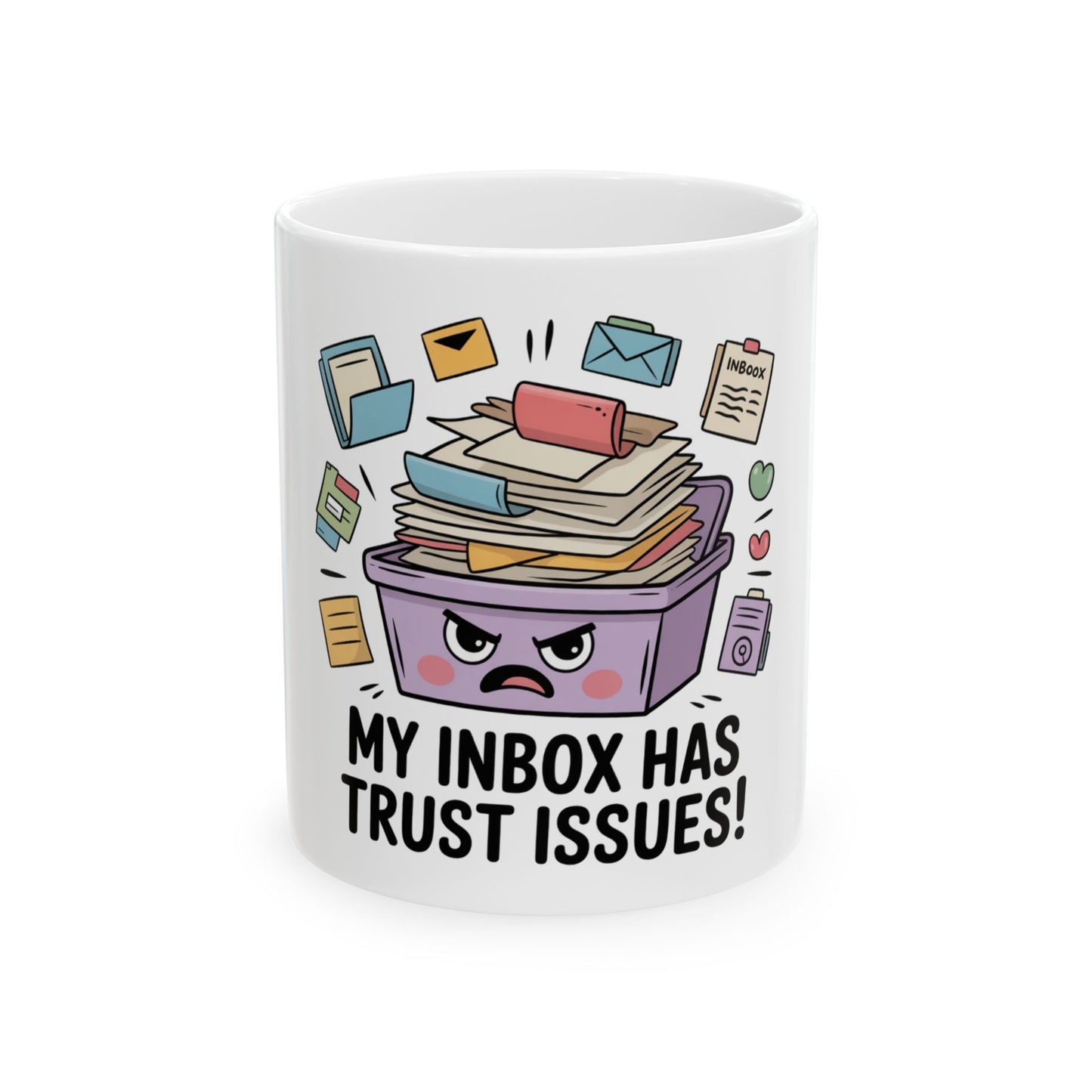 Mug with cartoon inbox overflowing with letters and a worried face.