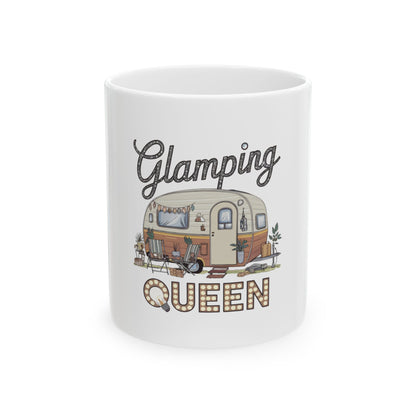 White mug with "Glamping Queen" and a stylized caravan illustration.