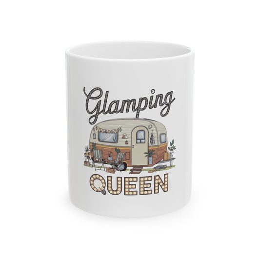 White mug with "Glamping Queen" and a stylized caravan illustration.