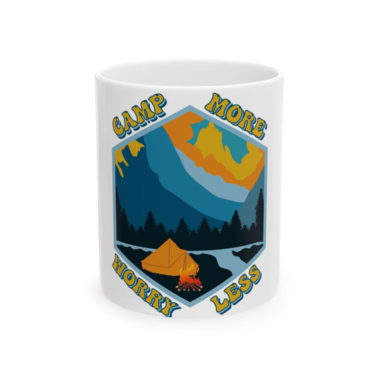 Camp More Worry Less text on a hexagonal graphic of a tent and mountains.