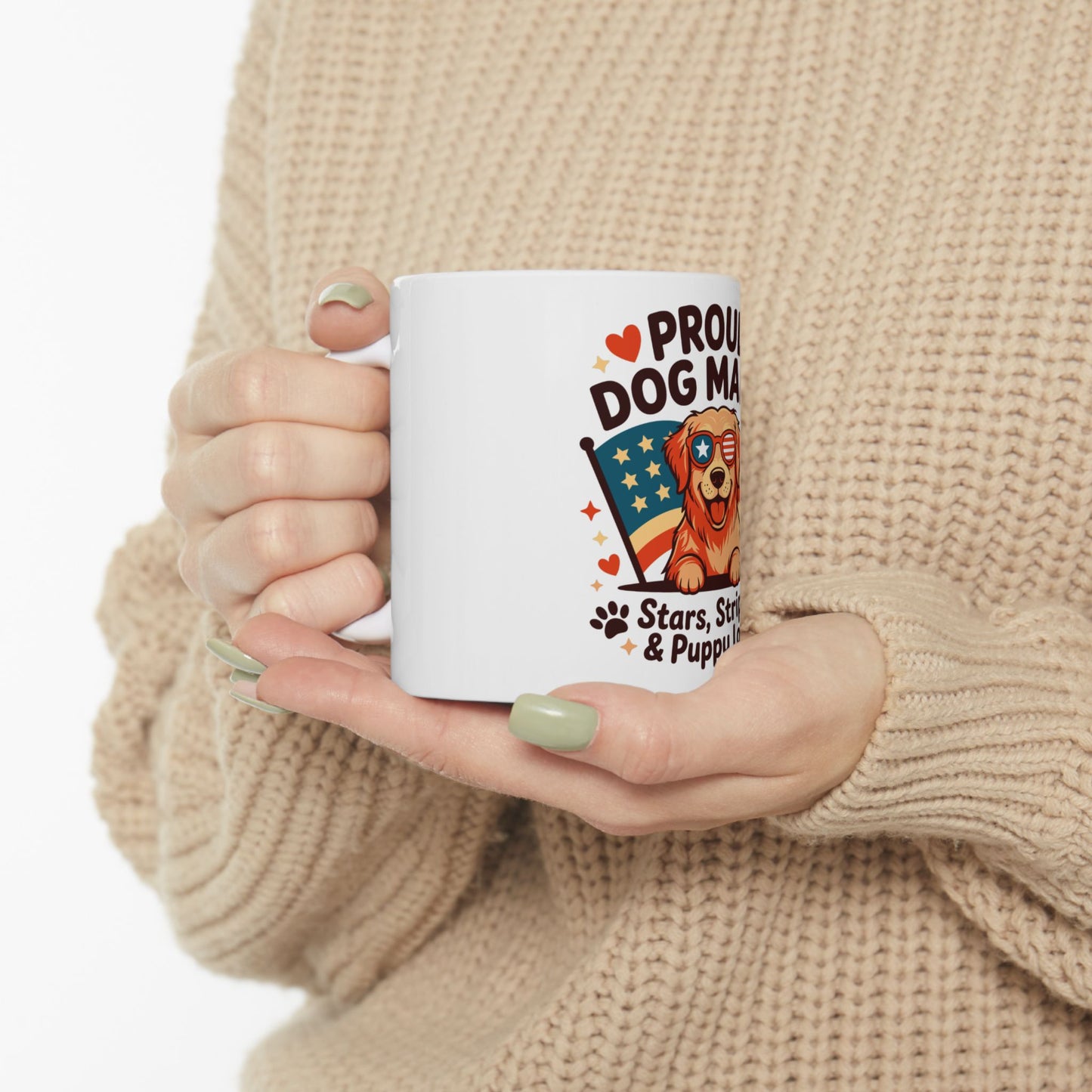White mug with "Proud Dog Mama" text and patriotic dog graphic.