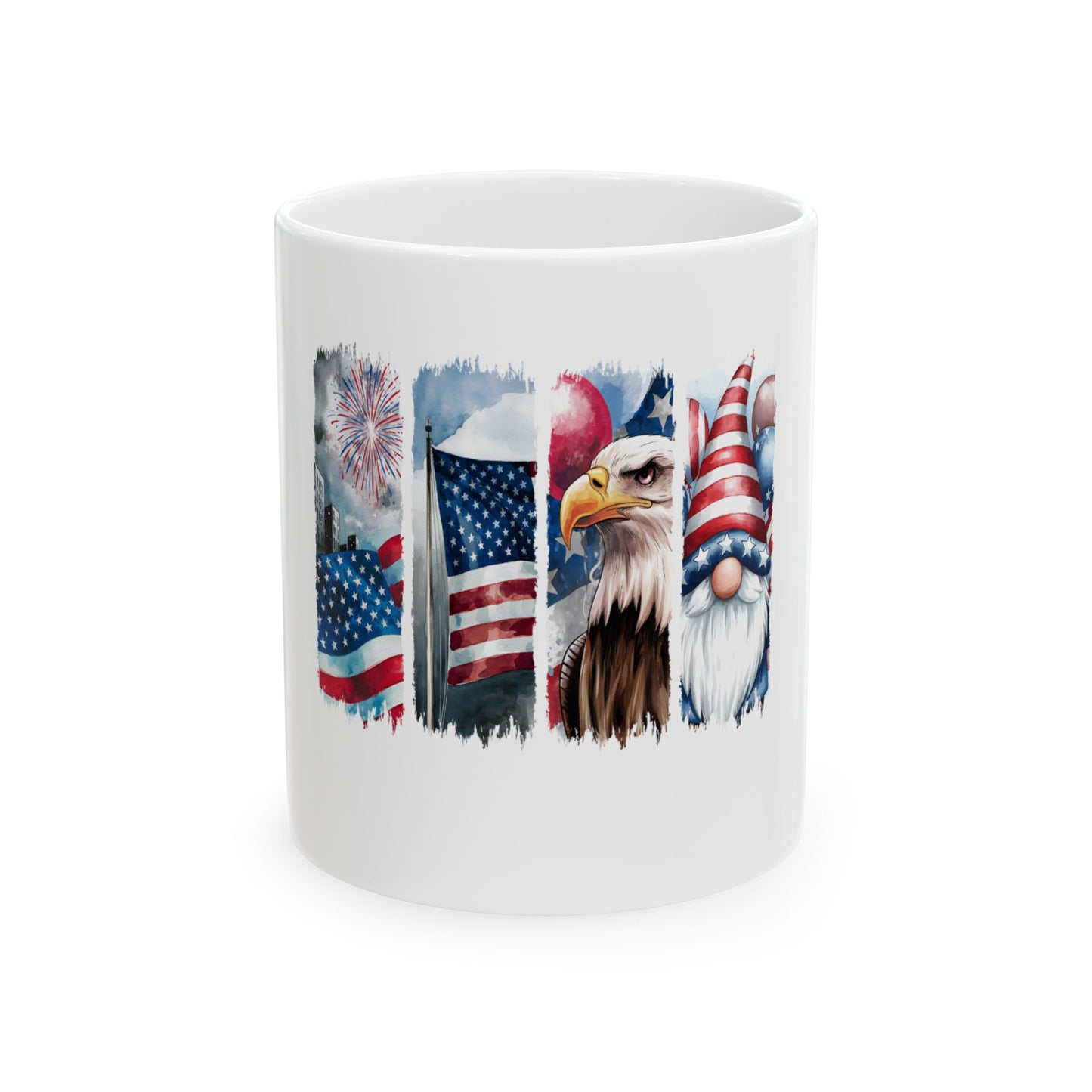 Mug with American flags, eagle, and patriotic gnome illustration.