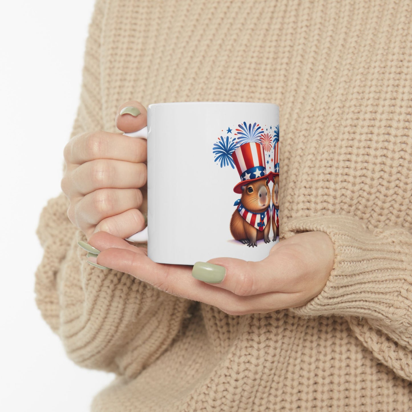 White mug with patriotic capybaras wearing hats and fireworks.