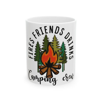 Mug with campfire, trees, and text "Fires Friends Drinks Camping crew".