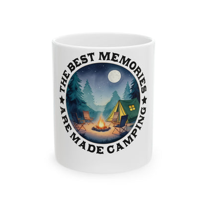 Mug with camping scene and text "The best memories are made camping."