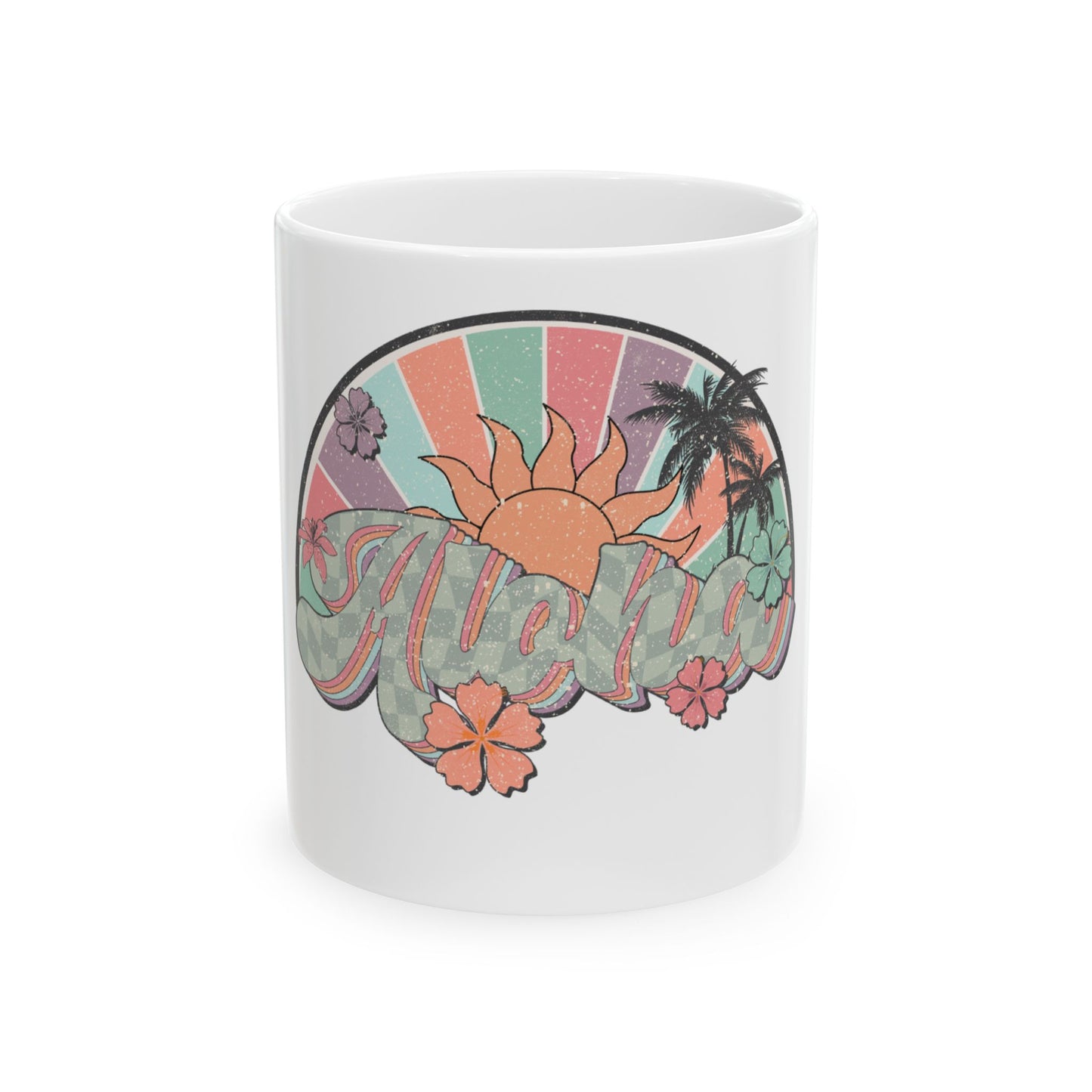 Mug with "Aloha" text, retro sunset, palm trees, and flowers.